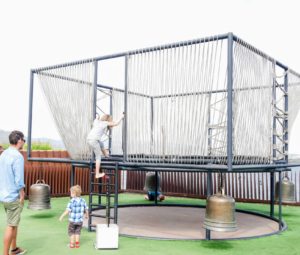 Jude and Truman loved Chen Zhen's musical trampoline. Each child was allowed two minutes alone inside the trampoline. Smaller children were accompanied by an adult. Truman was not very happy about the time limit.