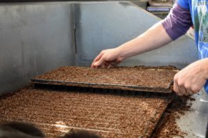 To create a quarter-inch deep furrow in the middle of each compartment, Ryan places one tray over another and presses down lightly, so the bottom of one tray makes indentations in the soil-filled compartments of the other.
