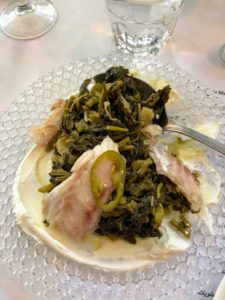 They also ate at Majda - Sarah's favorite spot of the trip - a lovely homey restaurant located in the village of Ein Rafa. This dish is fish with the edible green, mallow.