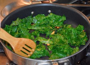 The next step is to sautee the kale in a large skillet over medium heat. The steps are so easy and every recipe card comes with detailed photographs.