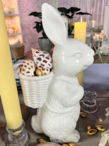 Also on the table, we set up my 12-inch Ceramic Bunny Figurines with Mini Planter Baskets. I love rabbits, and these are so charming on a spring dining table. Fill the baskets with chocolate, flowers, eggs, jelly beans or even little shells.