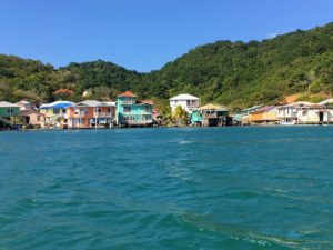 Here is a closer view of Roatan's colorful village coastline.
