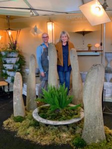 I always like to visit with the dealers to learn about the pieces they exhibit. Here I am with Brooklyn-based modernist dealer, Rayon Roskar, behind some of his decorative garden ornaments and a planter. Rayon also focuses on early to mid-century Swiss lighting design - you can see a few of his lighting pieces behind us. http://rayonroskar.com/