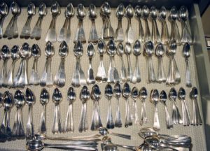 Here is a finished drawer of different spoons. Since silver can easily get scratched or dented you have to handle it with care. That includes storing it so that items don't bang into one another.