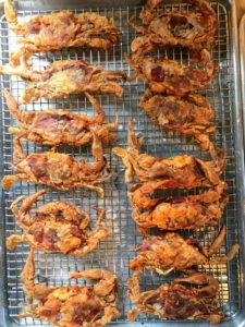 And here are the soft shell crabs ready for plating. These were cooked a la meuniere - lightly dredged in flour before being quickly sautéed for no more than two minutes per side.