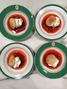 Our dessert is also perfect - fresh rhubarb and strawberry shortcake. Rhubarb grows so well here at the farm - it is tart yet sweet and delicious in all kinds of desserts as well as savory dishes.