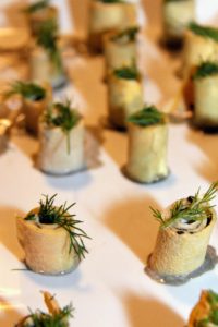 There were lots of small bites to go around - these are hand rolled egg crepes with Adamas black caviar, sour cream and herbs. (Photo provided by Unger Media for Mike's Organic)