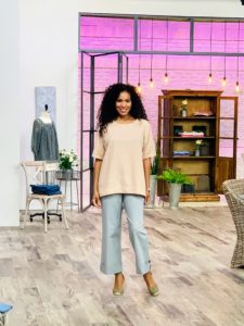 This is my Linen Blend Elbow-Sleeve Blouse with Zipper Detail. It comes in almond, sea blue, white, and shell pink. This linen blouse looks so nice with the Wide Leg Cuffed Chino Ankle Pants.