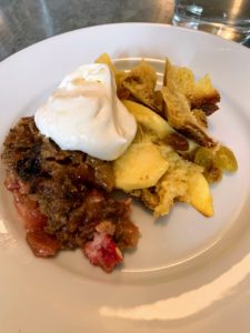 For dessert - more rhubarb crisp and bread pudding I made from my brioche. I made it with golden raisins and delicious yellow apples from Washington state.