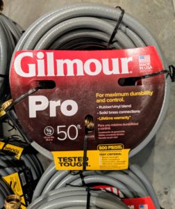 The Gilmour 50-foot Flexogen hose is a heavy-duty eight-ply garden hose with a polished surface that resists abrasions, stains, and mildew. I have these hoses all over the farm and at my other homes in East Hampton and Maine.