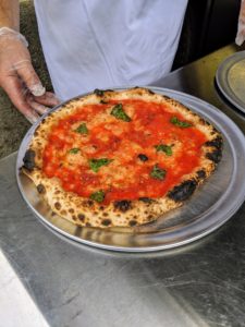 This is the Margherita pizza made with San Marzano tomatoes, mozzarella di bufala, extra-virgin olive oil, fresh basil, and Sicilian sea salt.