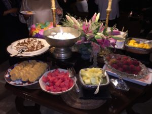 The dessert buffet included sherbet, rice cakes, custard, and a variety of fresh fruits.