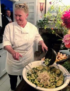 JuneBug, as she is known, prepared many of the dishes for the dinner. Here she is putting the final touches on a celeriac remoulade with grilled zucchini and little French balls of zucchini. Her Instagram handle is @brushandwhisk.