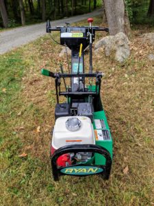 For the first part of this project, we rented a Jr. Ryan sod cutter. The Ryan Company has been designing and selling turf care equipment for more than 60-years. Their sod cutter was actually created after the business partnered with a commercial landscaper named Art Ryan.