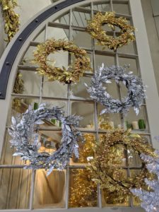 Here are more of my wreaths hanging on the upper windows of my big barn doors - so beautiful. They glimmer with metallic gold or silver leaves, berries, and mixed foliage. They are also equipped with a timer feature that can be set to on, four-hours, six-hours or eight-hours.