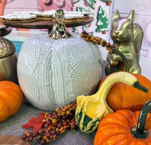 Here is my large Ceramic White Pumpkin in textured stoneware with a gold metallic stem - perfect for the dining table all season long. https://mcys.co/2oXra0V