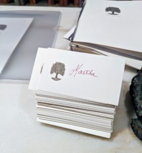 I always personalize my dinner table with handwritten place cards and menus for each guest. The card stock is printed with the symbol of my farm - this great sycamore tree of Cantitoe Corners.