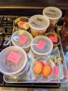 Then, we placed all the necessary ingredients for each recipe on a tray. Sticky notes are used to identify everything – it is a must especially when using a lot of different recipes. This tray includes ingredients for our Chocolate-Bourbon-Pecan Pie.