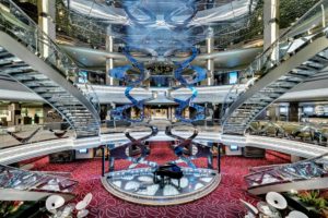 This is the ship's Infinity Atrium with its grand staircases and entertaining space below. (Photo courtesy MSC Cruises USA)
