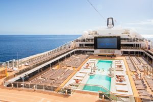 The swimming pools include this 80-foot long Atmosphere pool, a 33-foot long indoor pool, and the aft-located Horizon pool – the most generous open-deck area at sea. (Photo courtesy MSC Cruises USA)