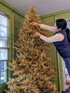 I wanted gold trees in my Winter House Green Room. Here is Sanu "fluffing" up the branches of my gold tinsel tree from QVC. This tree comes pre-lit with 450 clear incandescent lights.