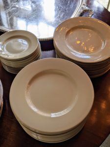 Plates are gathered and stacked on my Brown Room dining table. Whenever preparing for a large party, do as much as you can ahead of time, so there is less scrambling the morning of the event.