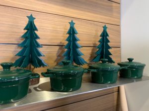 My Holiday Enamel Cast Iron pots are sold in various colors and designs - great gifts for the cooks on your list. Behind them, my fun Farmhouse Holiday Green Tabletop Trees also from Macy's.