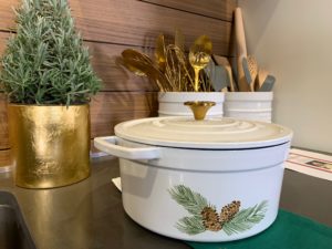 Here is the other holiday style - a 6-quart Pinecone Enamel Cast Iron pot with pinecones and greenery. My cookware is compatible with gas, electric, glass and induction cooktops.