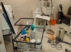 This is my daughter's Tenant House basement laundry in the middle of a good cleaning and organizing. This basement is one of my favorites. It is fully tiled in this area and there is ample room for storage and utility space for cleaning supplies, a washer-dryer, and an ironing mangle.