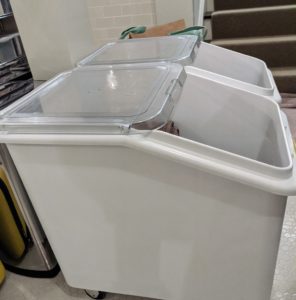 These are commercial grade baker's flour bins. They are great for storing so many things. I use several stainless steel flour bins in my main greenhouse head house for keeping soil mixes. These durable plastic bins are great for keeping laundry or towels.