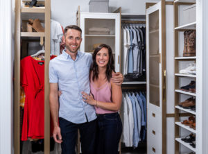 My nephew, Kirk, and his girlfriend, Jen Norman, wanted to create a custom walk-in closet. To make things easy, California Closets now offers virtual design consultations with designers. Kirk and Jen chose the Perry St. White finish with gold hardware combination. (Photo by Andy Frame, andyframe.com)