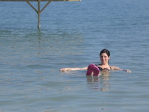 Here is Katie floating in the Dead Sea - because of it's high salt content, there is great buoyancy.  It is called 'Dead' because nothing can live in so much much salt.