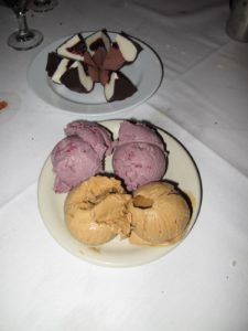 A plate of tartufo and a plate of black raspberry ice cream and coffee ice cream  - amazing!