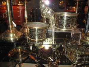 Leonard and Matthew were lucky dogs to have such elegant brass water bowls.  These were offered at Eve Stone's amazing booth at the antiques show.