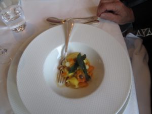 A course of pasta and vegetables - like all food at Per Se, a perfect marriage of flavors, color, and texture.