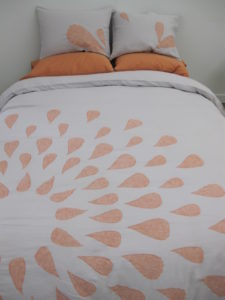 A machine-appliqued duvet cover and pillowcases