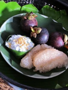 Mangostein, a tapioca dessert, and pomelo sections.