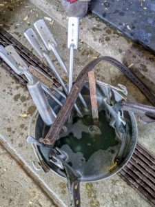 These are the tools of the trade. They are called floats. When not being used on a horse, Brian soaks them in a Chlorhexidine solution, an antimicrobial disinfectant.