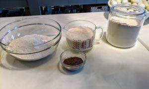 Before baking anything I always prepare all my ingredients. This bread is easy to make and because it requires no rising time, it can also be done pretty quickly. Here are my dry ingredients all measured in bowls along with a large measuring cup of homemade buttermilk.