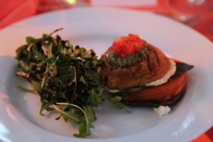 The timbale consisted of grilled eggplant, zucchini, portobello mushroom and baked chevre with pesto along with baby arugula with aged balsamic.