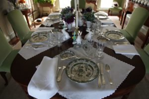 The small dining room was also set up for the editorial guests.  We used a vintage green and lusterware service and my favorite cut glass goblets.
