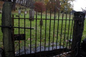 This is the gate to the Old Bedford cemetery.  There are 191 graves marked with field stones.  The oldest grave, which is unmarked, is of Rev. Thomas Denham from 1689!
