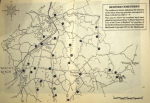 The Bedford Historical Society provided this map of the locations of the thirty burying grounds in this area.  I would like to visit each and every one of them.