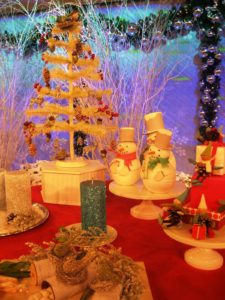 The sparkling snowmen make an impressive display.  Their bases are made from treat boxes and can be used for candy gifts.
