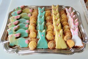 Some of the cookies were marbleized – I put several colors in a flat dish and then mixed them with a toothpick before dipping the cookies. The smaller cookies were made from the leftover dough.