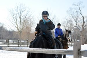 Here I am riding Rinze at Baxter Preserve, The Racetrack.  Behind me is Jody Rosen riding her horse, Dutchess, a Shire, which is a breed of draft horse.