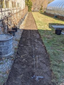 Using twine spooled around a garden stake, Chhiring lined up the row centered in the newly cleared soil.
