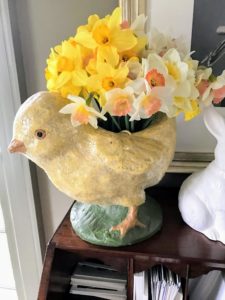 We put beautiful daffodils in the glass vase inside this paper mache chick - all flowers from my garden.