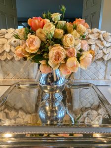 I made cut flower arrangements for each room in my Winter House. This arrangement of roses is on the counter in my servery.