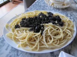 One course at lunch was bucatini with fabulous osetra caviar from Russ and Daughters.  http://www.russanddaughters.com/